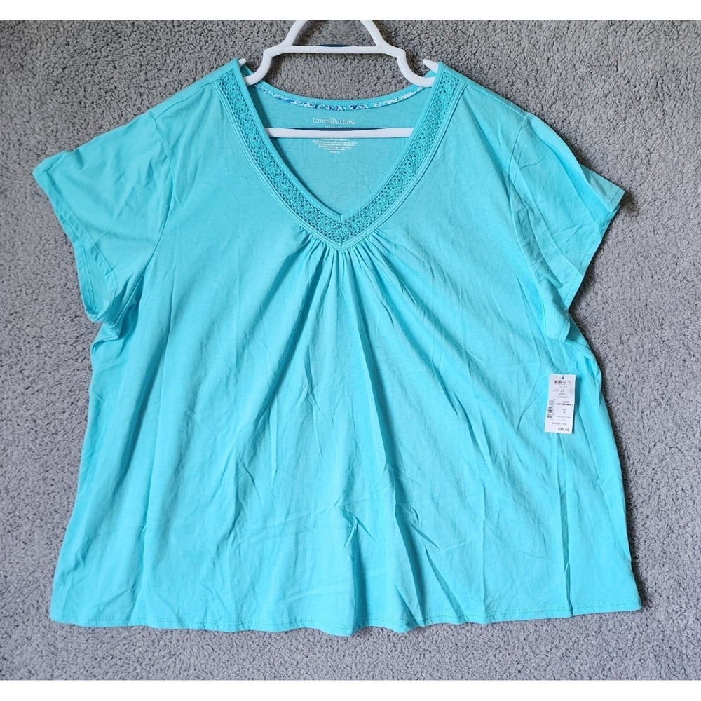 New Croft & Barrow Sleep Lounge Top Womens 3X Turquoise Lace V-Neck Short Sleeve